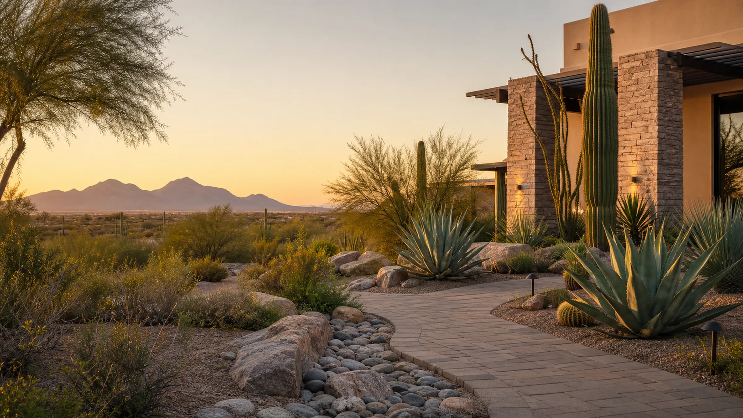 Clean modern Scottsdale desert front yard at golden hour with agave, gravel, and low-water plantings