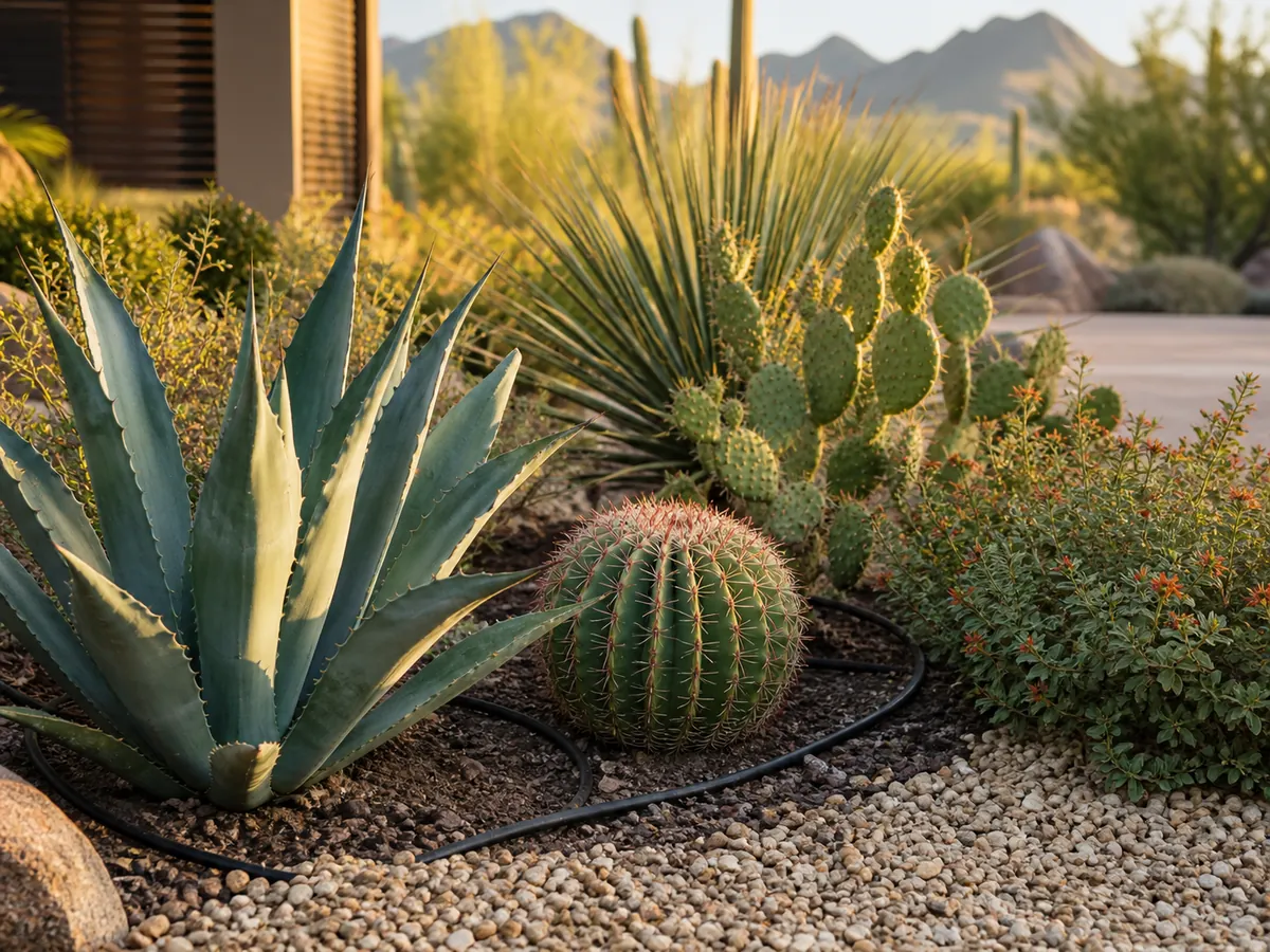 Planting bed with exposed drip irrigation lines among desert plants