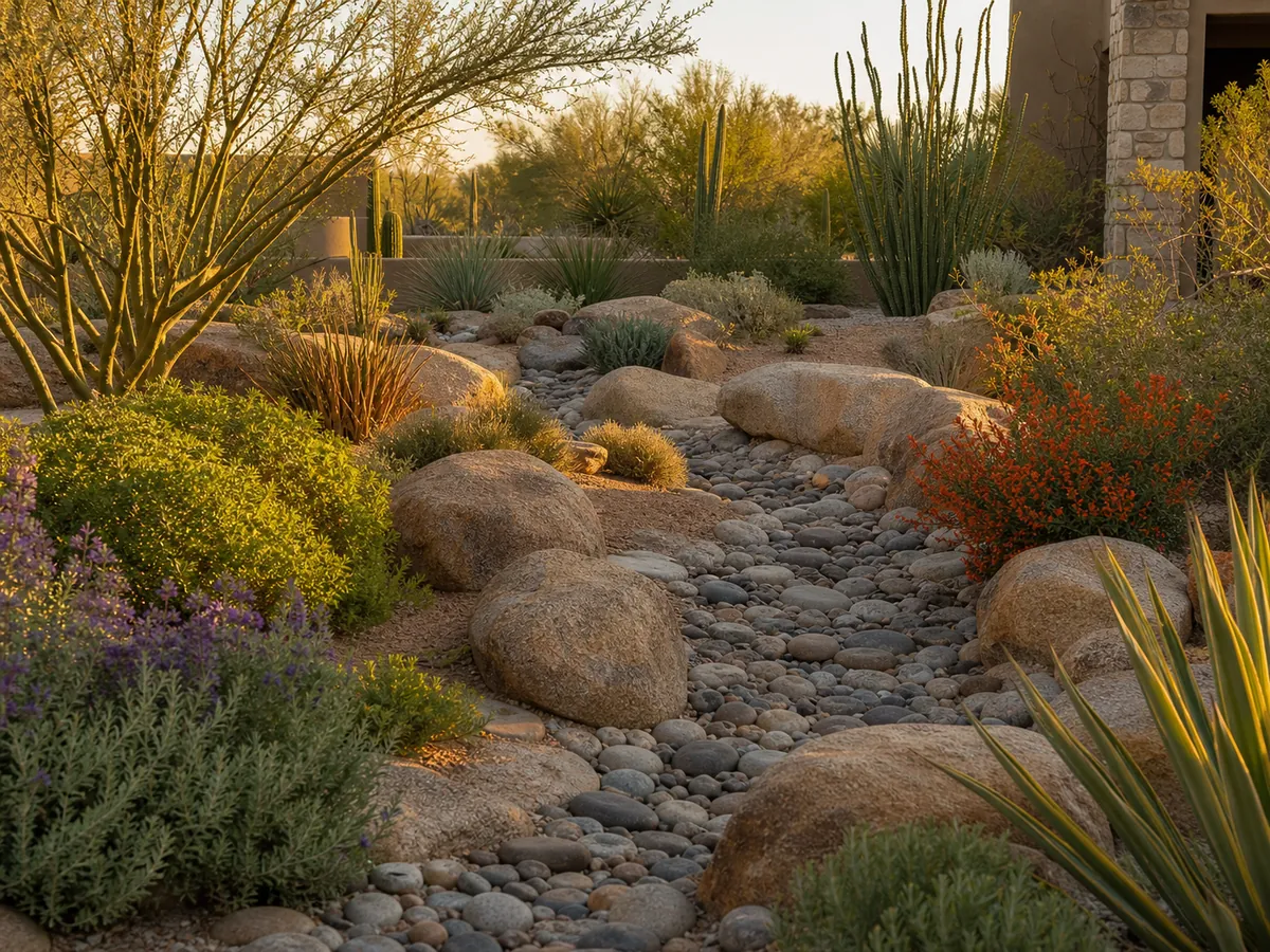 Dry creek bed lined with boulders and desert shrubs