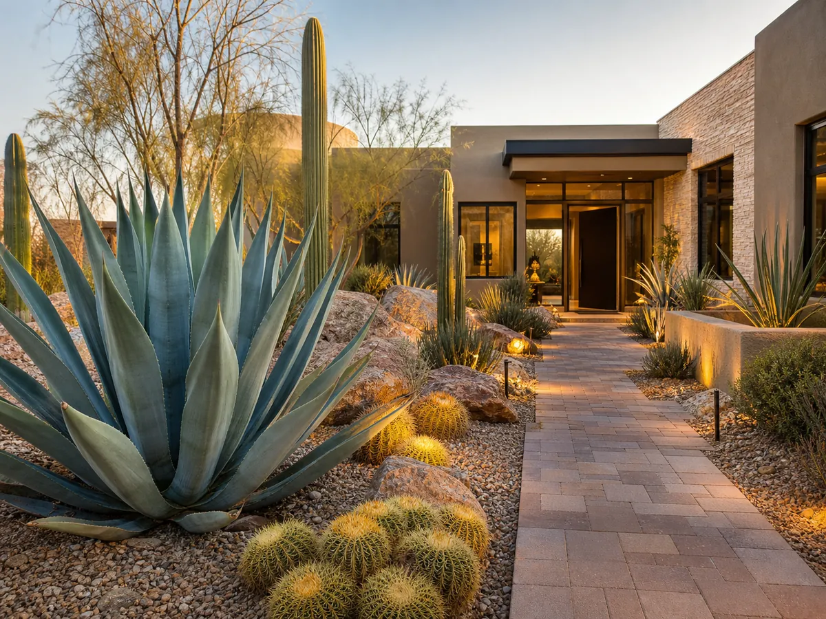 Desert front yard with agave, gravel, and a paver walkway