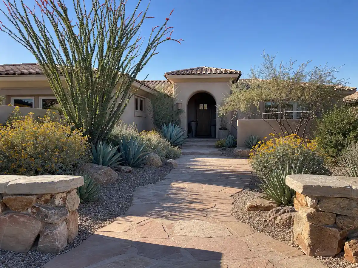 Concept of a desert courtyard entry with agave, brittlebush, ocotillo, and a flagstone path