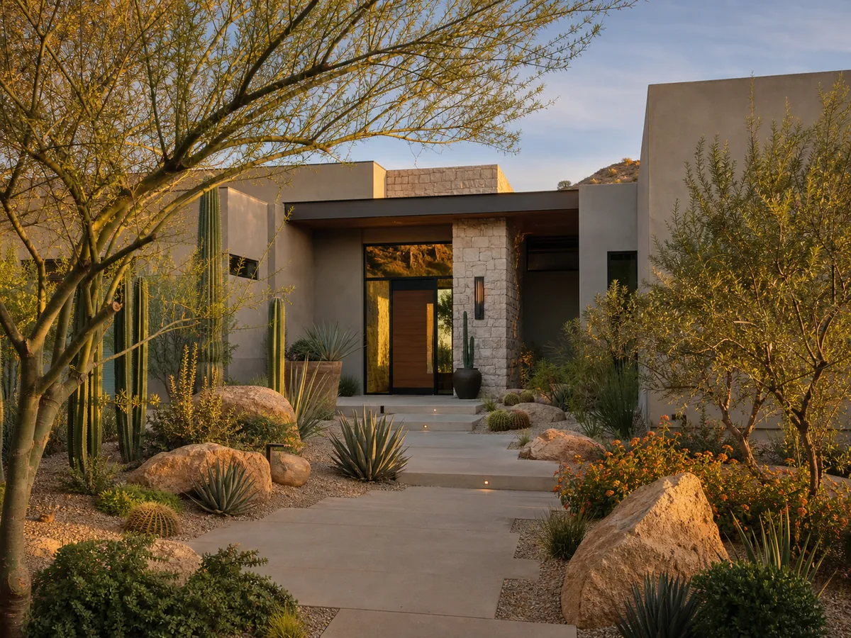 Modern home entry framed by desert plants and rock