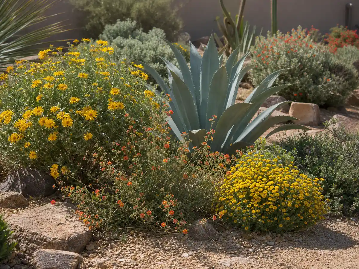 Concept of flowering brittlebush, globe mallow, and desert marigold around agave