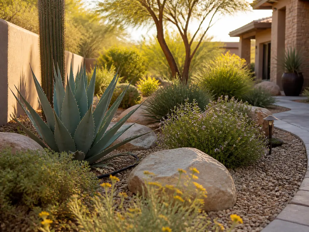 Water-wise Scottsdale desert planting bed with agave, gravel, boulders, and low-water shrubs